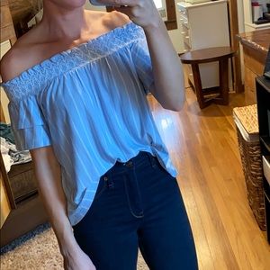 AE off the shoulder blue & white striped blouse